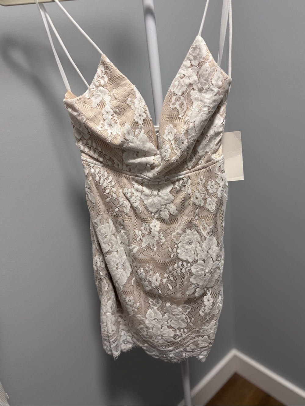 Olia Lace-Overlay Cream Mini Dress with Spaghetti Straps